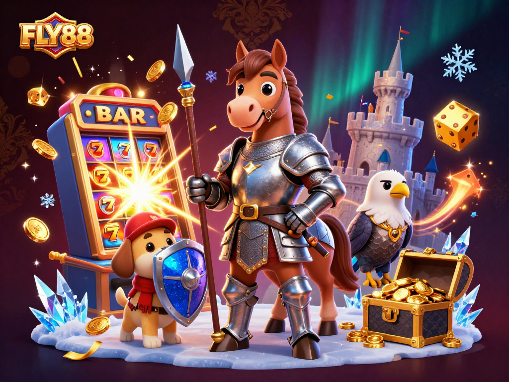 FLY88 players engaging in exciting casino games with vibrant slot machines and treasures.