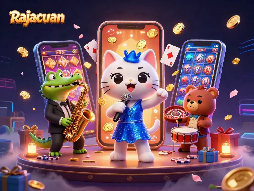 Experience exhilarating wins with Rajacuan as characters indulge in casino excitement amidst vibrant gaming elements.