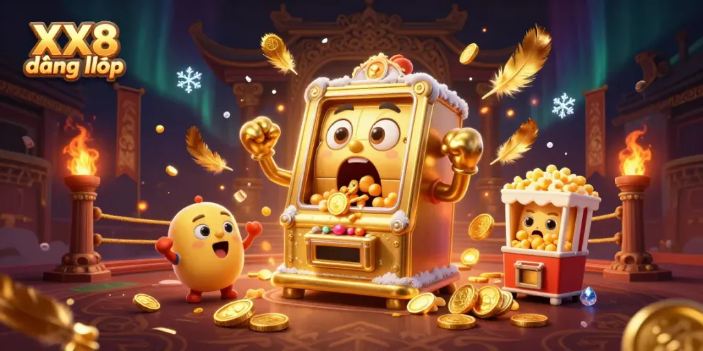 Experience excitement with the XX8 đăng nhập golden slot machine hitting the jackpot, surrounded by cheering machines.