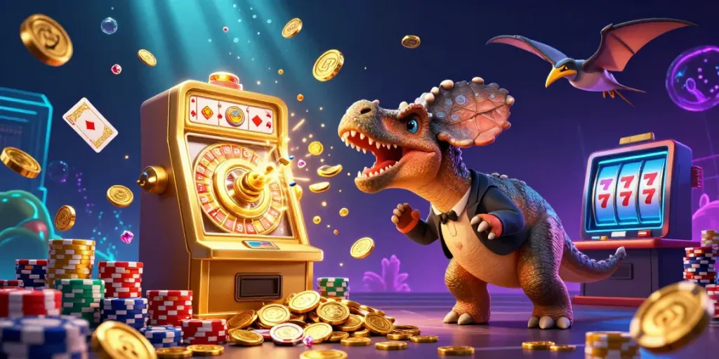 Experience the excitement of nhà cái vsbet with a dynamic scene of a dinosaur interacting with a jackpot slot machine.