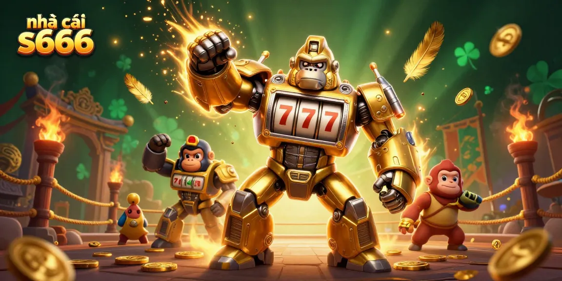 Experience dynamic action with nhà cái s666's golden gorilla mech, symbolizing exciting casino gameplay.
