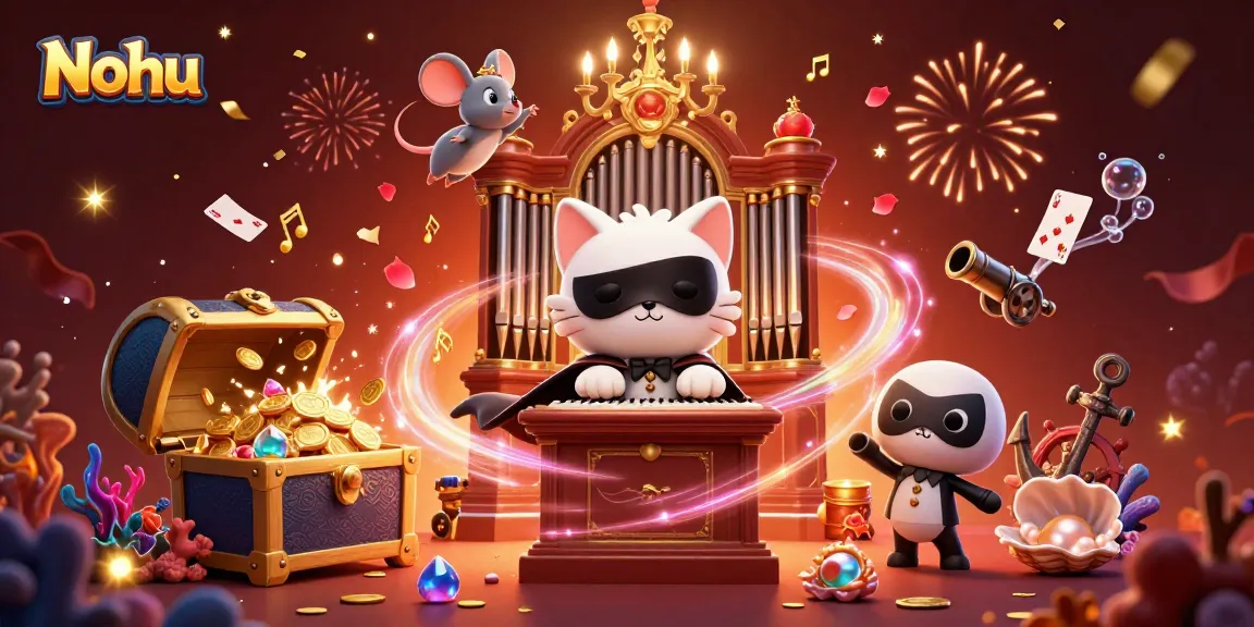 Nohu engages players in vibrant slot gameplay amidst a dynamic casino scene filled with treasures.