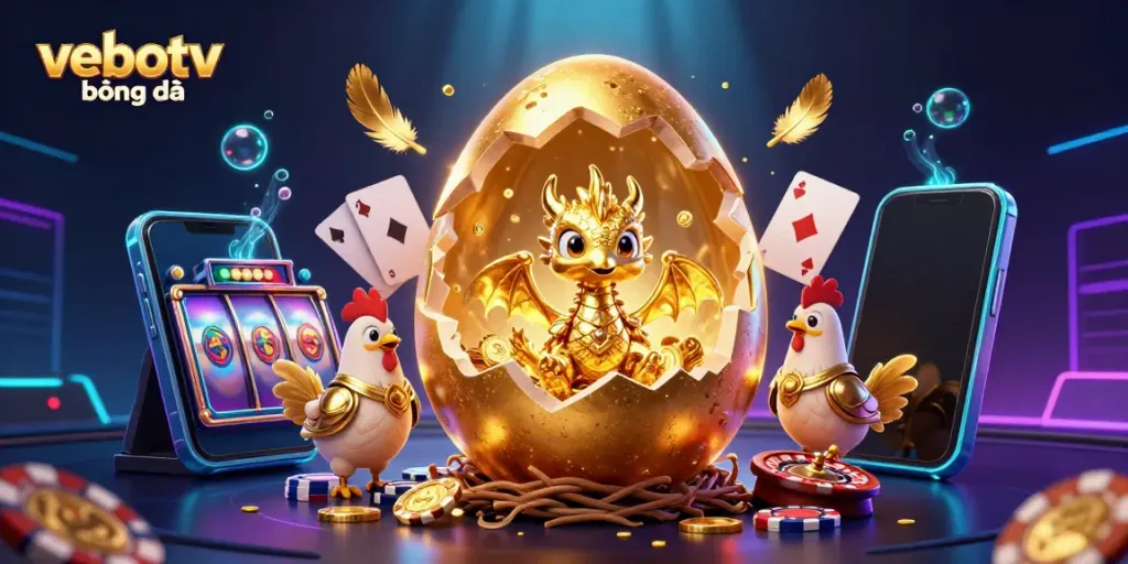 Experience the thrill with vebotv bóng đá, featuring a golden dragon and poker chips in a vibrant casino atmosphere.