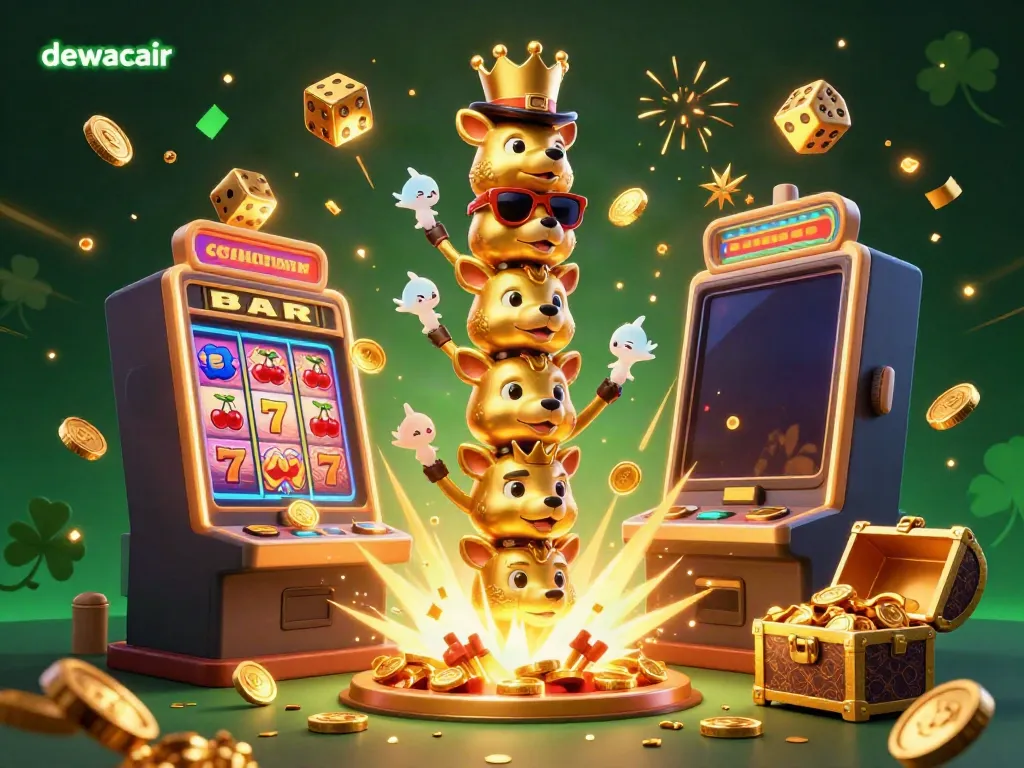 Experience excitement with dewacair's vibrant 3D casino illustration featuring animated totem characters and jackpot elements.