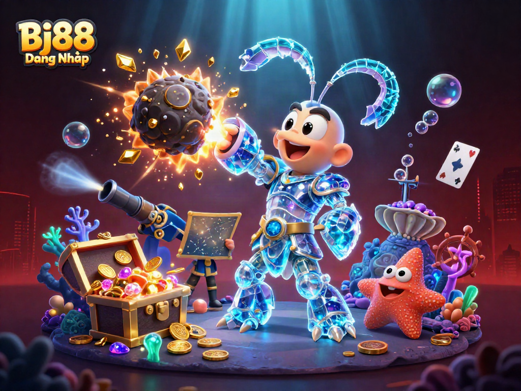 Bj88 Đăng Nhập showcases a galactic samurai and starfish in an exciting casino-themed scene filled with treasures.