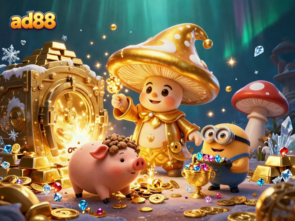 Join ad88's vibrant fantasy scene featuring a golden mushroom wizard and treasure trove elements.