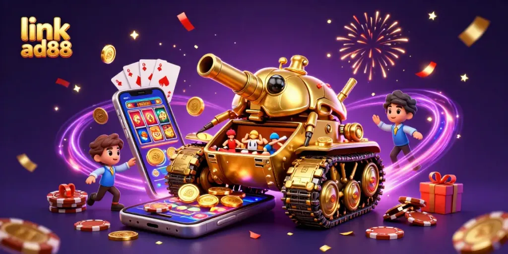 Experience thrilling gaming with link ad88 in a vibrant, dynamic casino-themed 3D scene.