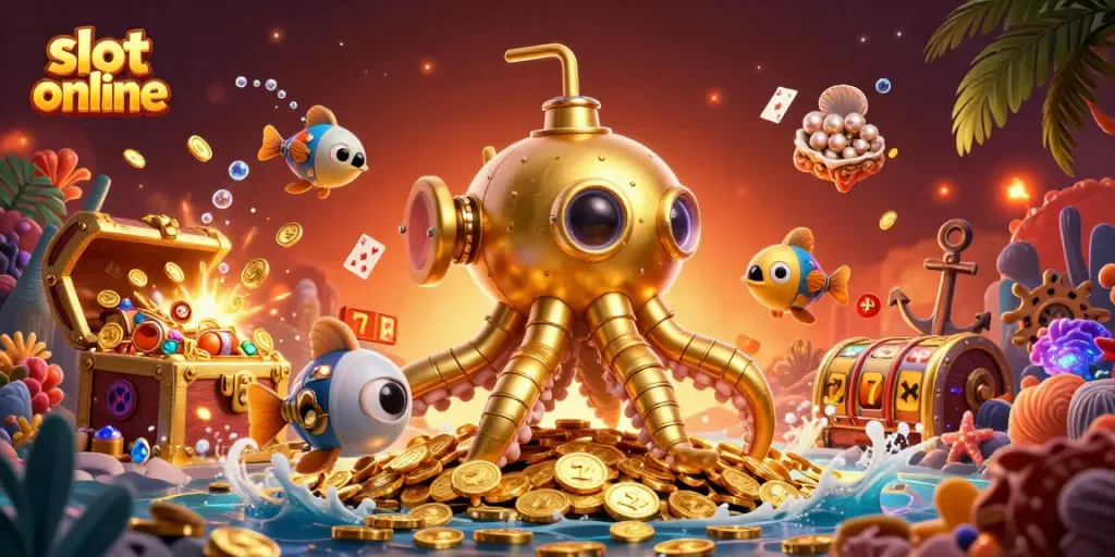 Engage in thrilling slot online gameplay amidst a vibrant scene of riches and adventure.