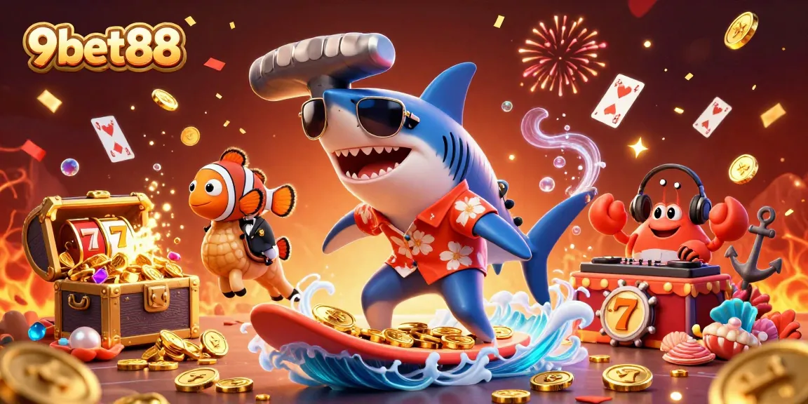Experience the excitement of 9bet88 with the shark surfing on gold coins and slot reels exploding in treasure