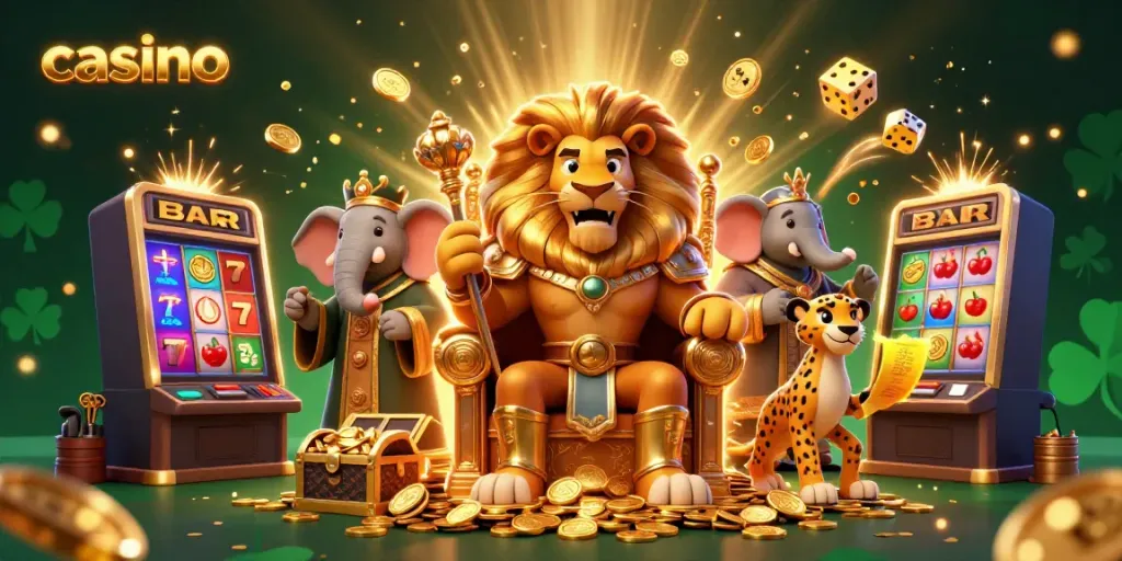 Experience thrilling action in this vibrant casino scene with a lion king and treasure.