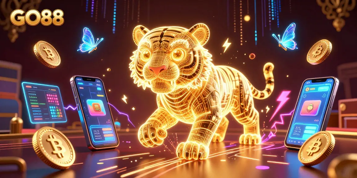 Engage with GO88 in an immersive 3D digital casino scene featuring a golden tiger and blockchain elements.