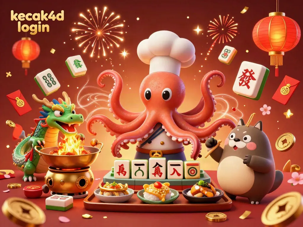 Join the excitement of kecak4d login with a lively casino scene featuring a sushi chef octopus and dragon!
