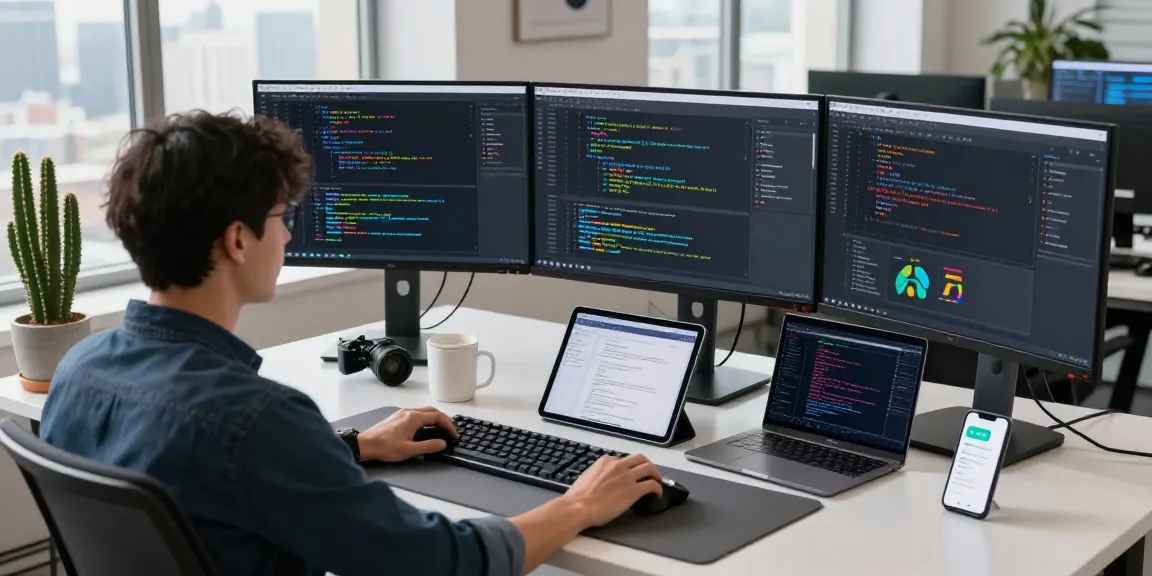 A software engineer using NAGA2000 in a modern tech workspace with multiple monitors, coffee, and natural light