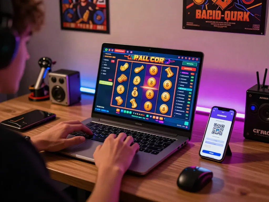 Engaging scene of a player enjoying slot gacor games on a laptop with QRIS payment options.
