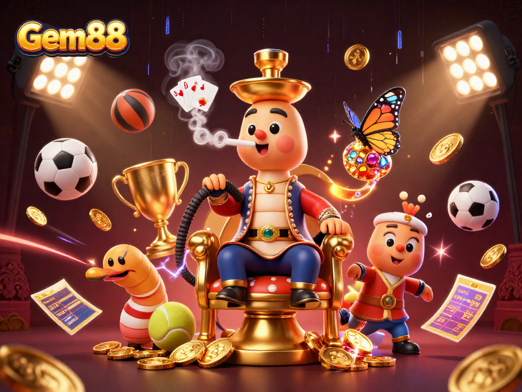 Experience Gem88's vibrant casino atmosphere with a dynamic 3D illustration showcasing thrilling sports betting elements.