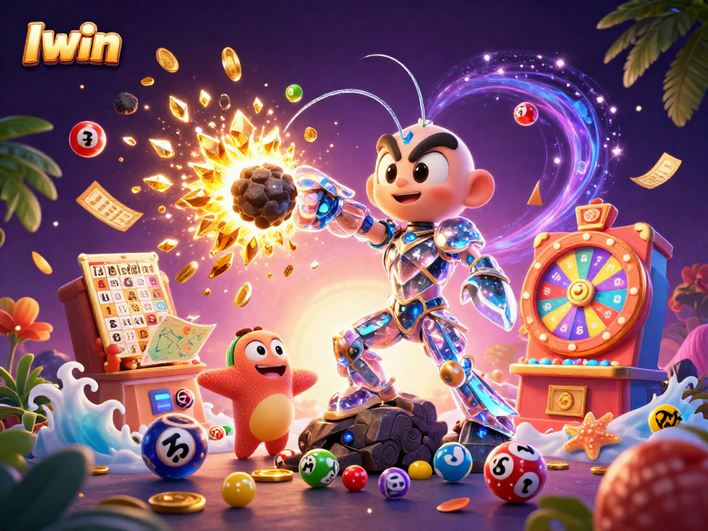 Iwin captivates players with vibrant lottery elements, a striking mantis shrimp, and a starfish guide in action