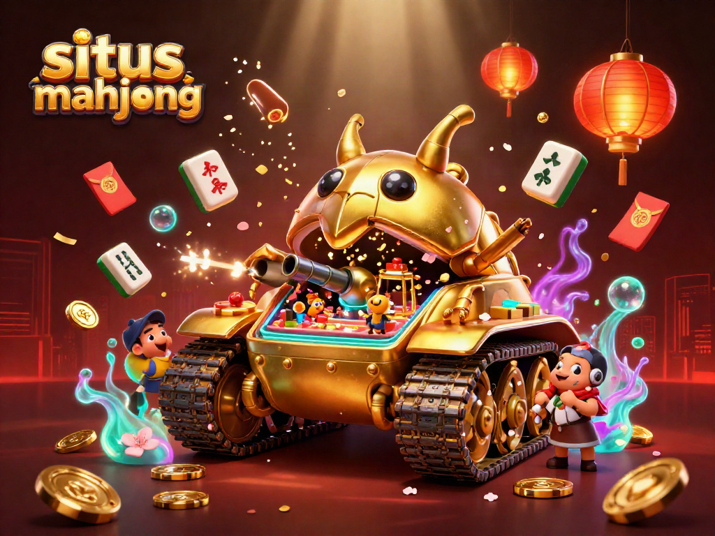 Celebrate situs mahjong with a vibrant 3D digital casino scene featuring floating tiles and festive elements.