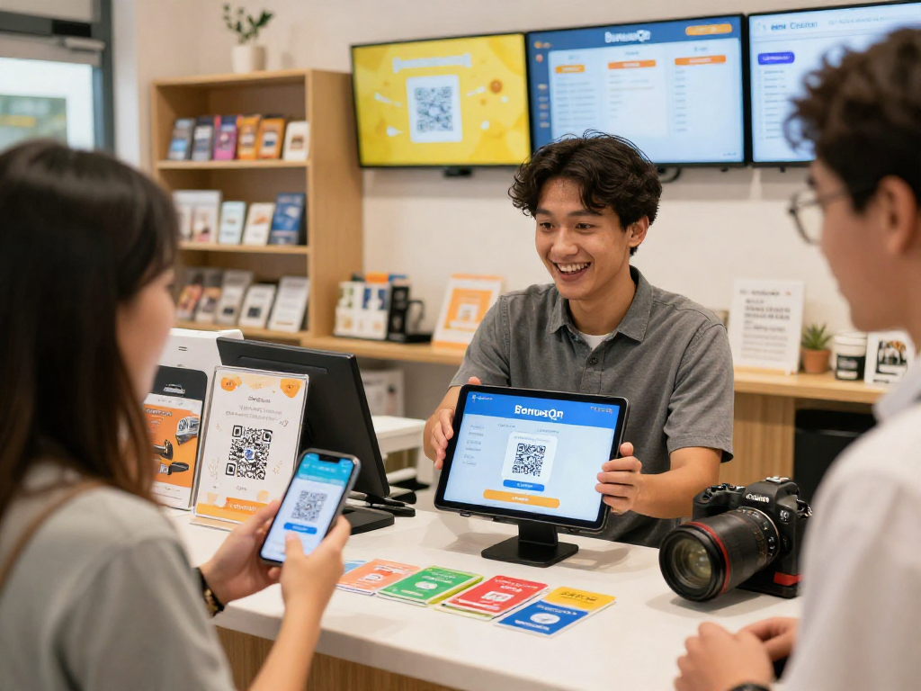 Dynamic small business scene showcasing a loyalty application in action, with customers engaging and QR codes displayed.