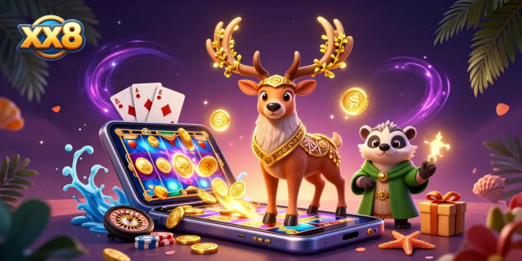 Experience thrilling gameplay with xx8 in this vibrant 3D casino scene showcasing dynamic slot elements.