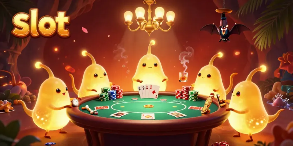 Experience thrilling slot action in a vibrant cave casino illuminated by glowing creatures.