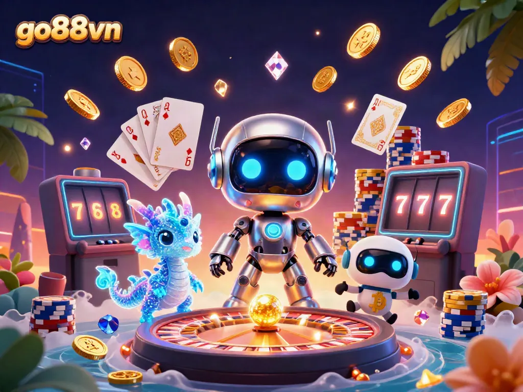 Engage with go88vn's thrilling games as a futuristic cyberpunk robot mascot explores a vibrant casino scene.