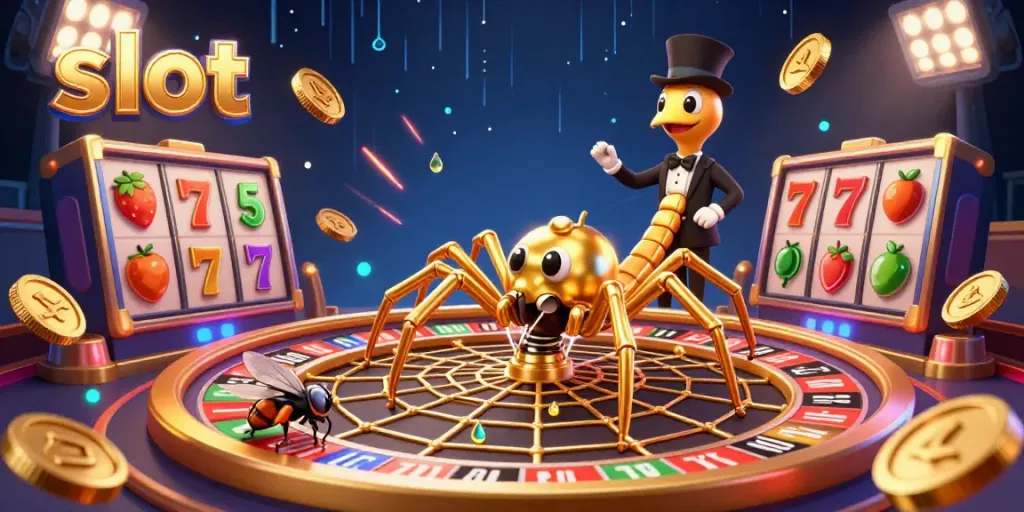 Experience thrilling slot gameplay as a golden spider weaves a roulette web full of symbols.
