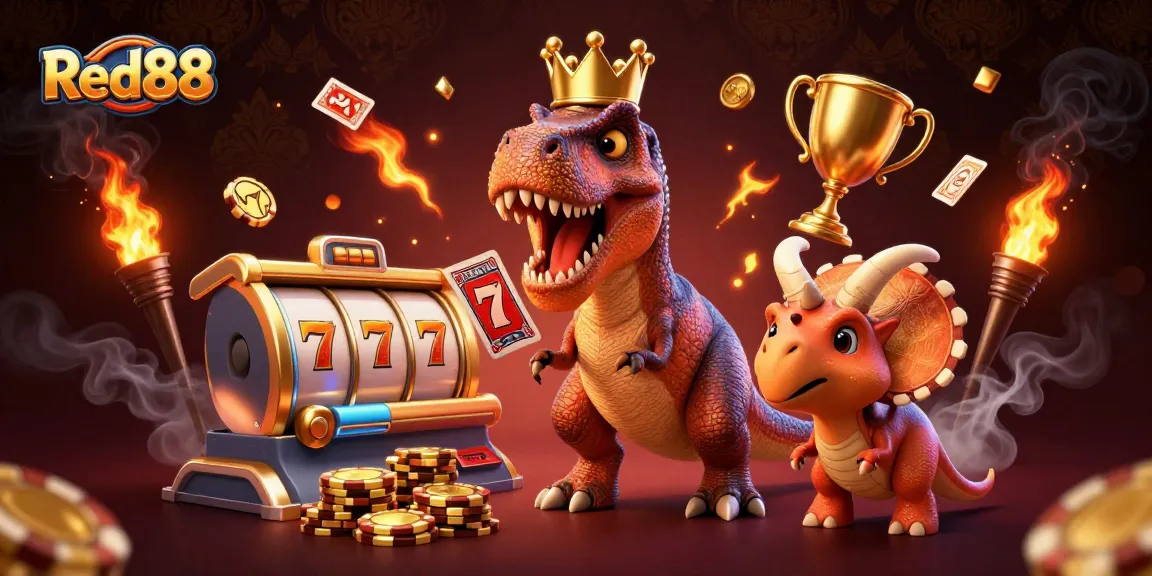 Experience thrilling gameplay at Red88 with cartoonish dinosaurs and dynamic casino elements in action.