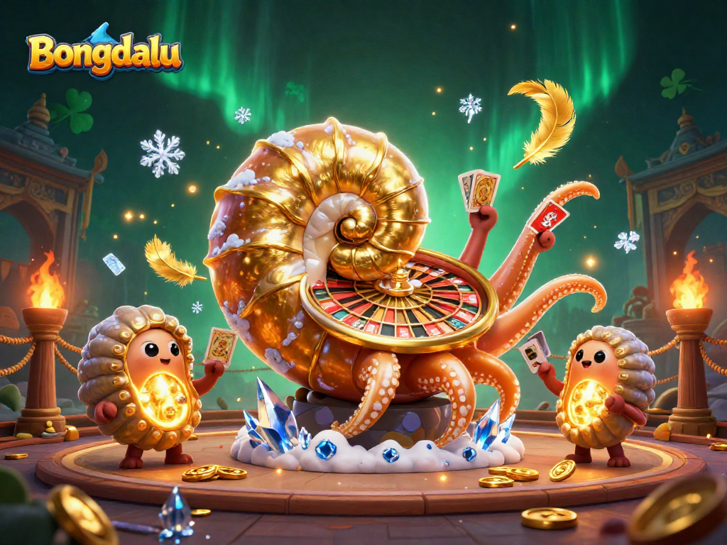Bongdalu showcases a vibrant 3D casino scene with a golden nautilus roulette wheel and glowing ammonite companions.