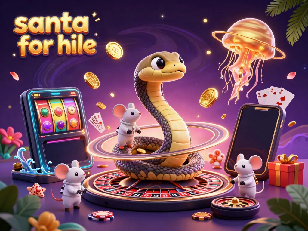 Engage with a vibrant cosmic scene featuring a 3D Saturn ring snake and astronaut mice in a gambling atmosphere, showcasing 'santa for hire'.