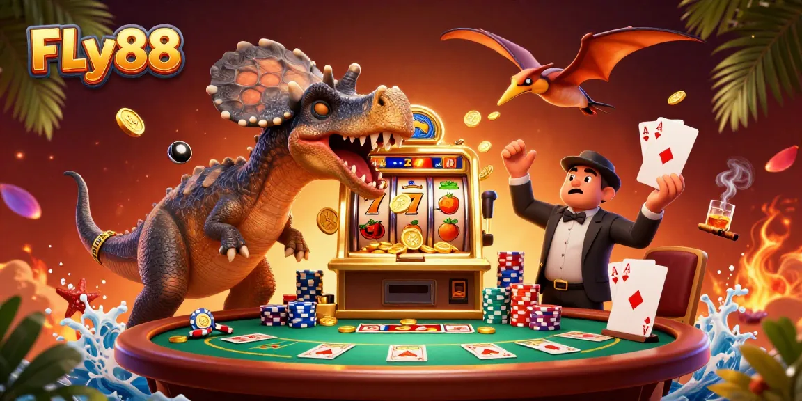 FLy88 features a dynamic scene with a cartoon dinosaur at a golden slot machine winning coins.