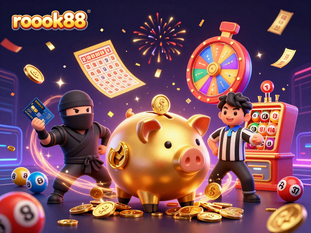 rokok88 features an enormous golden piggy bank sumo wrestler surrounded by colorful lottery elements, creating a vibrant and engaging scene.