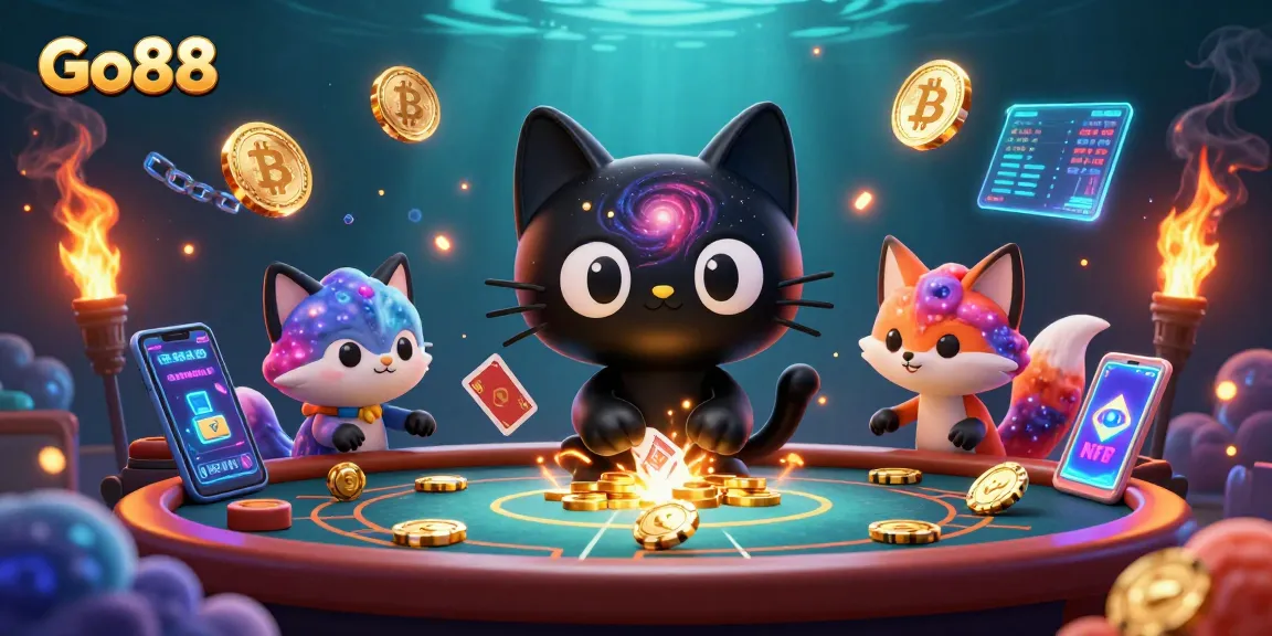 Engage with Go88's vibrant cosmic casino featuring a black hole cat and mystical fox amid glowing cryptocurrencies.