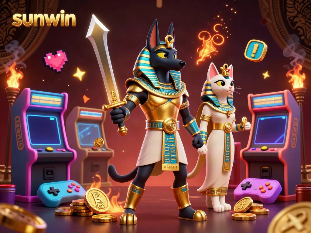 Experience the excitement of sunwin with a dynamic 3D casino gaming illustration featuring ancient Egyptian warrior Anubis.
