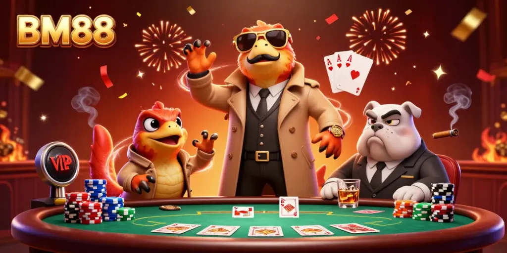 Three raptors in a trench coat attempt to enter a VIP lounge in a vibrant casino scene featuring poker elements and festive decorations.