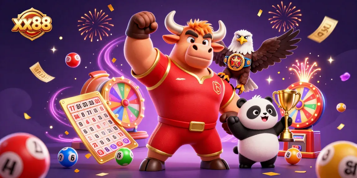 Experience thrilling wins at xx88 with vibrant lottery balls, lucky trophies, and dynamic gaming elements.