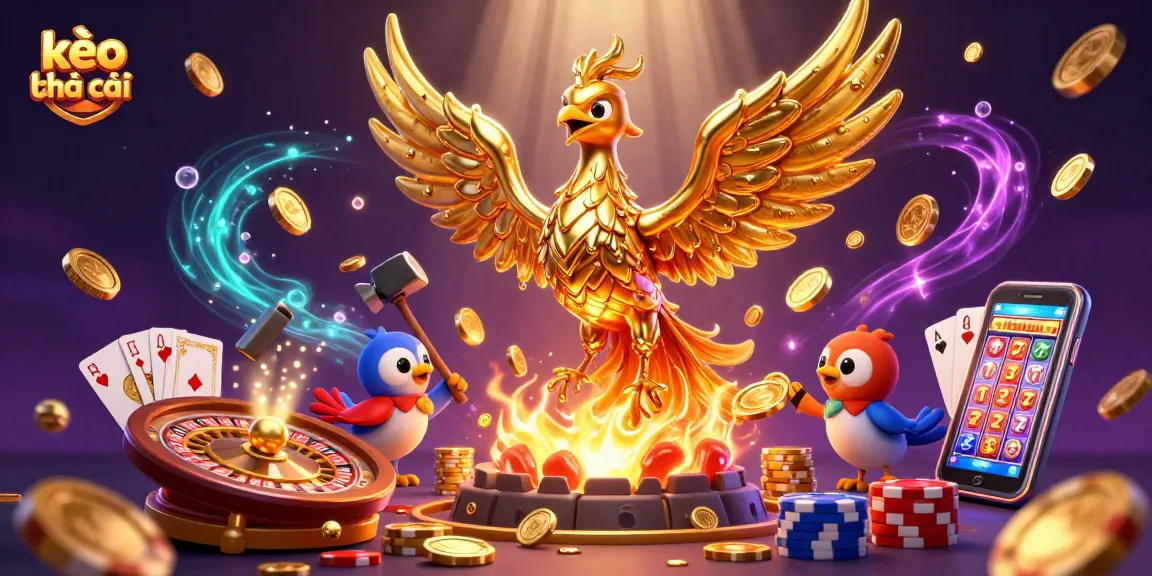 Experience kèo nhà cái visually captivating with golden phoenix emerging in a dynamic scene of casino elements.