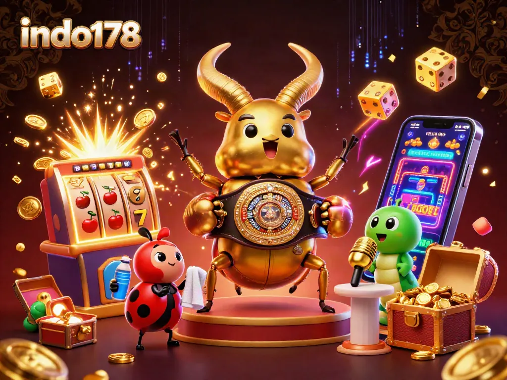 Spin the slots for fortune at Indo178 with captivating 3D casino illustration showcasing vibrant gaming elements.