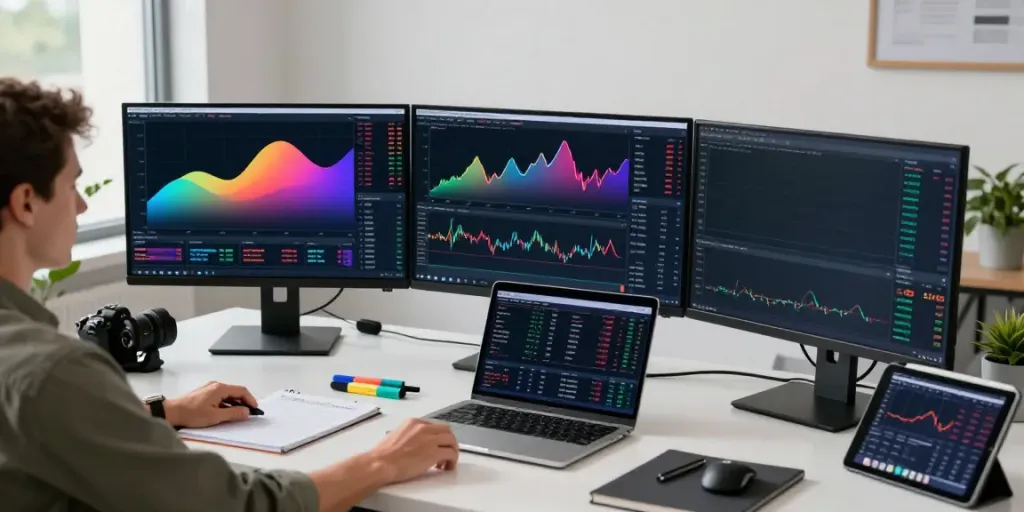 Trader using TradingView on multiple screens with market data and charts in a modern office.