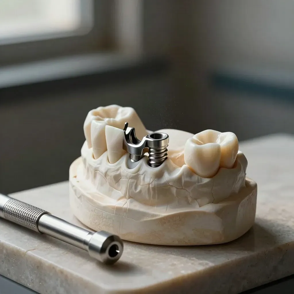 Dental implant bridge test-fit on a cast with jig and driver.