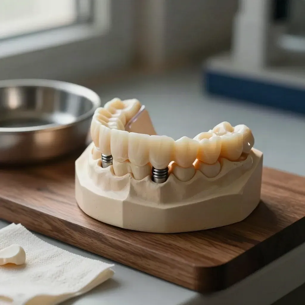 Top-down macro of a full-arch zirconia implant prosthesis on a wax model in a dental lab