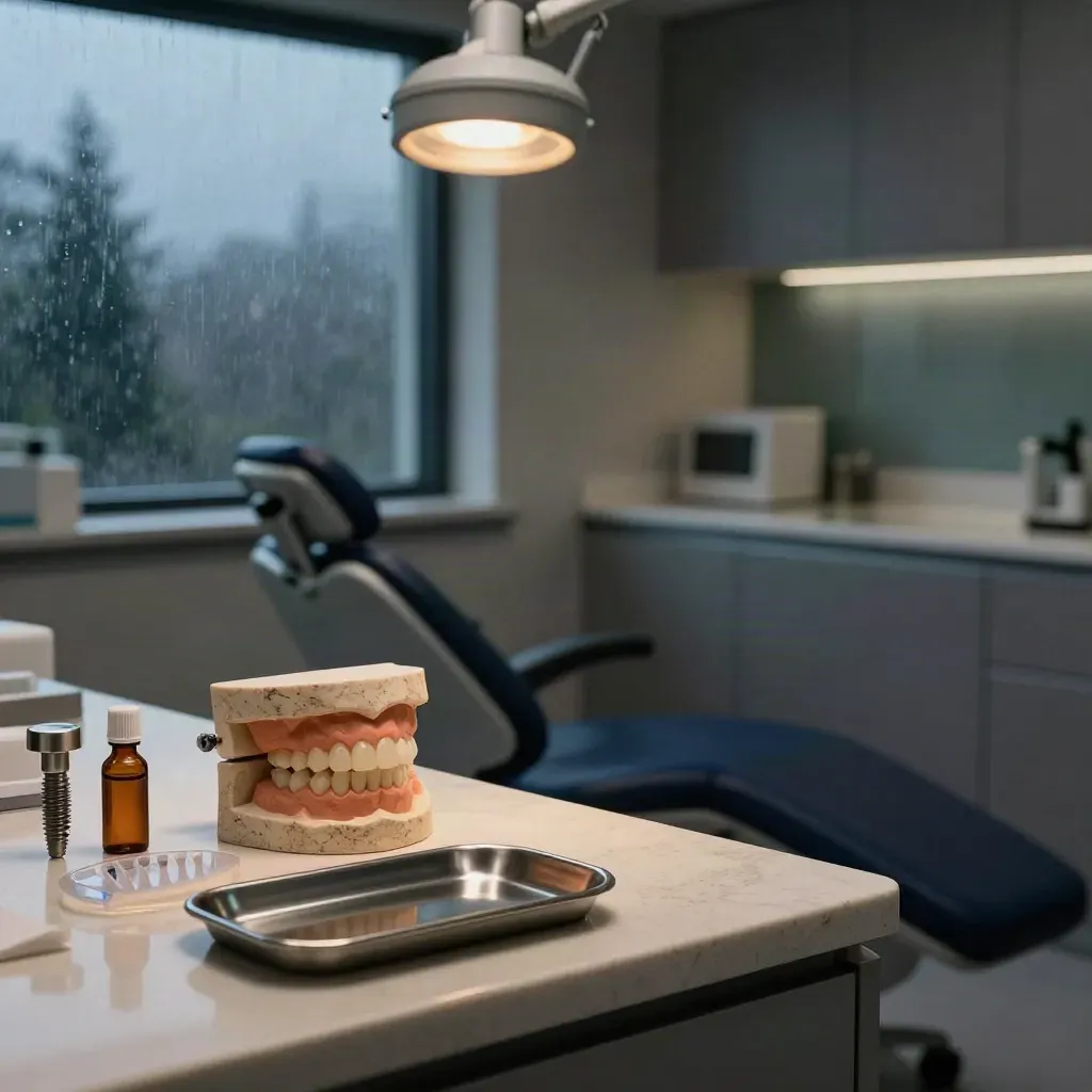 Seattle implant treatment bay with crown model, implant kit, and moody rainy light