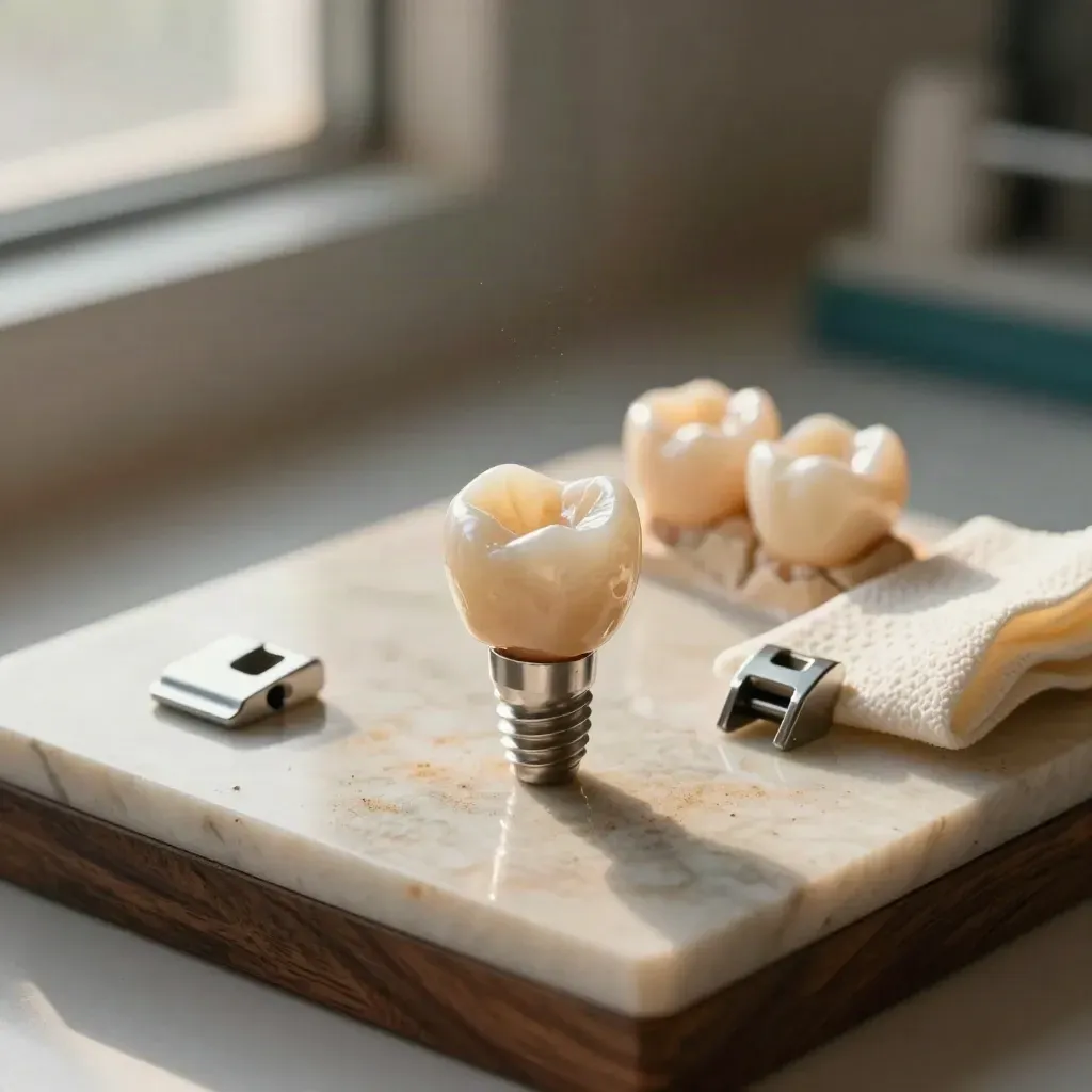 Single implant crown on a cast with enamel samples on travertine in warm window light
