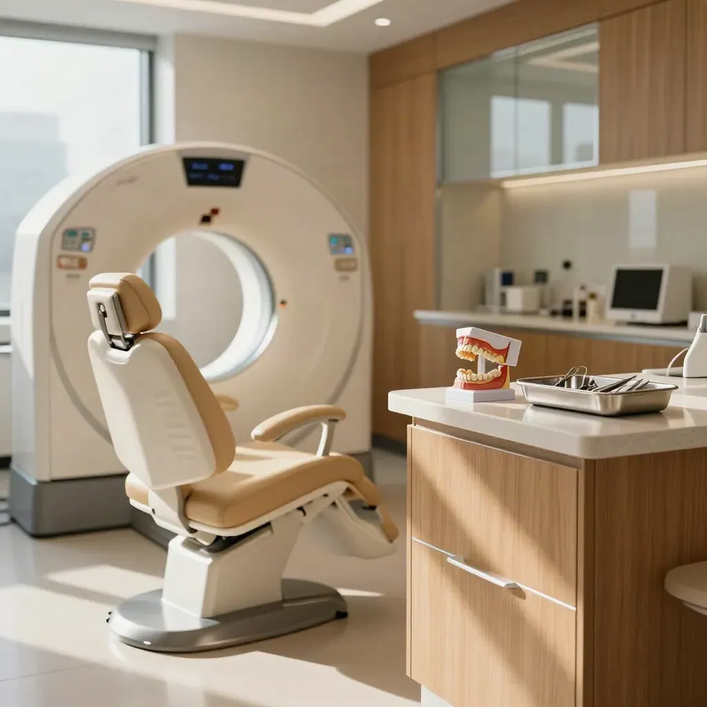 Empty dental consult room with CBCT scanner, chair, jaw model, and steel tray in warm daylight