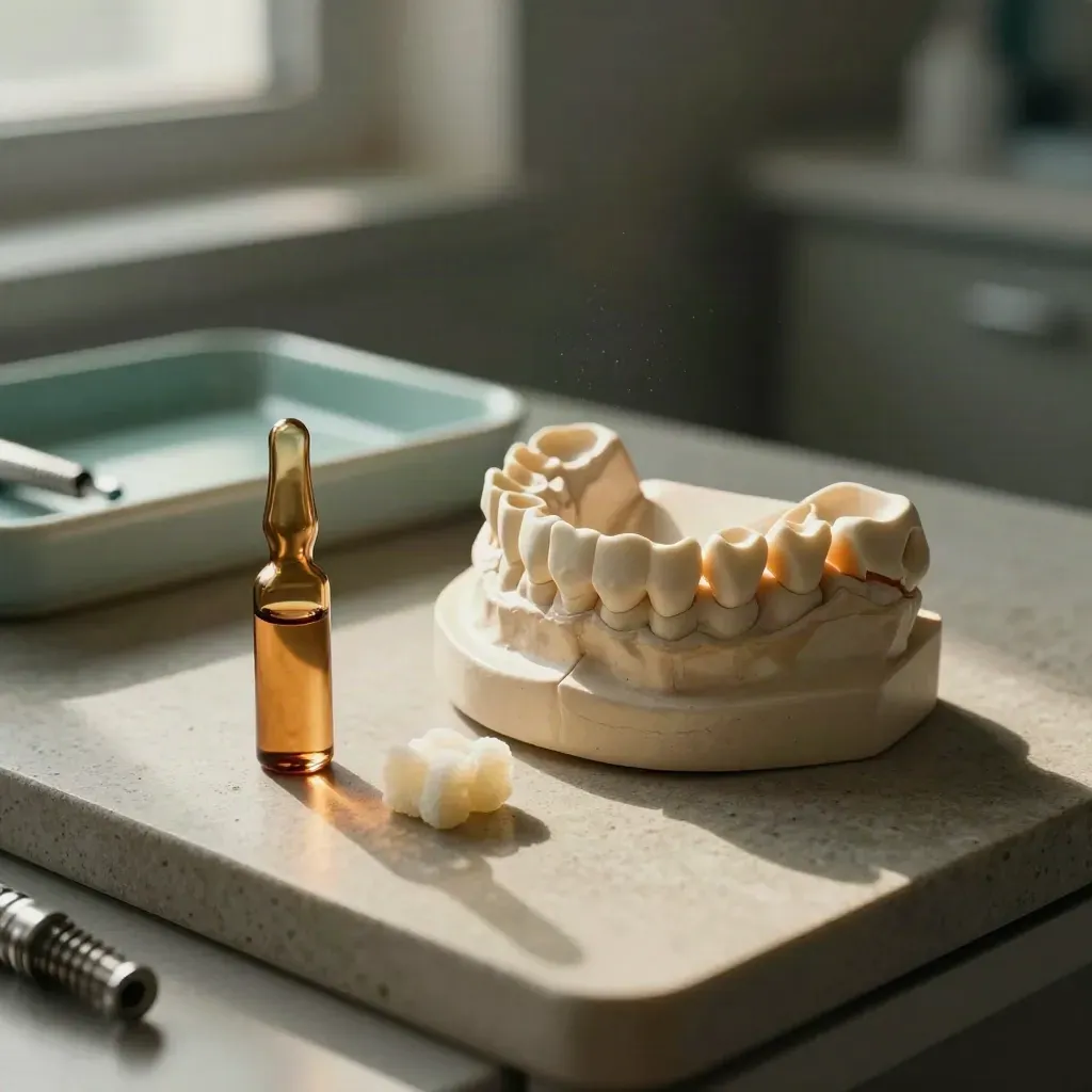 Bone graft vial, collagen sponge, and rebuilt jaw model on a stone bench in moody light.