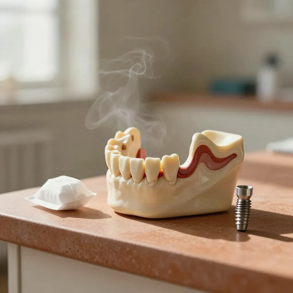 Upper-jaw sinus lift model with graft pack and implant analog on a sunlit stone counter.