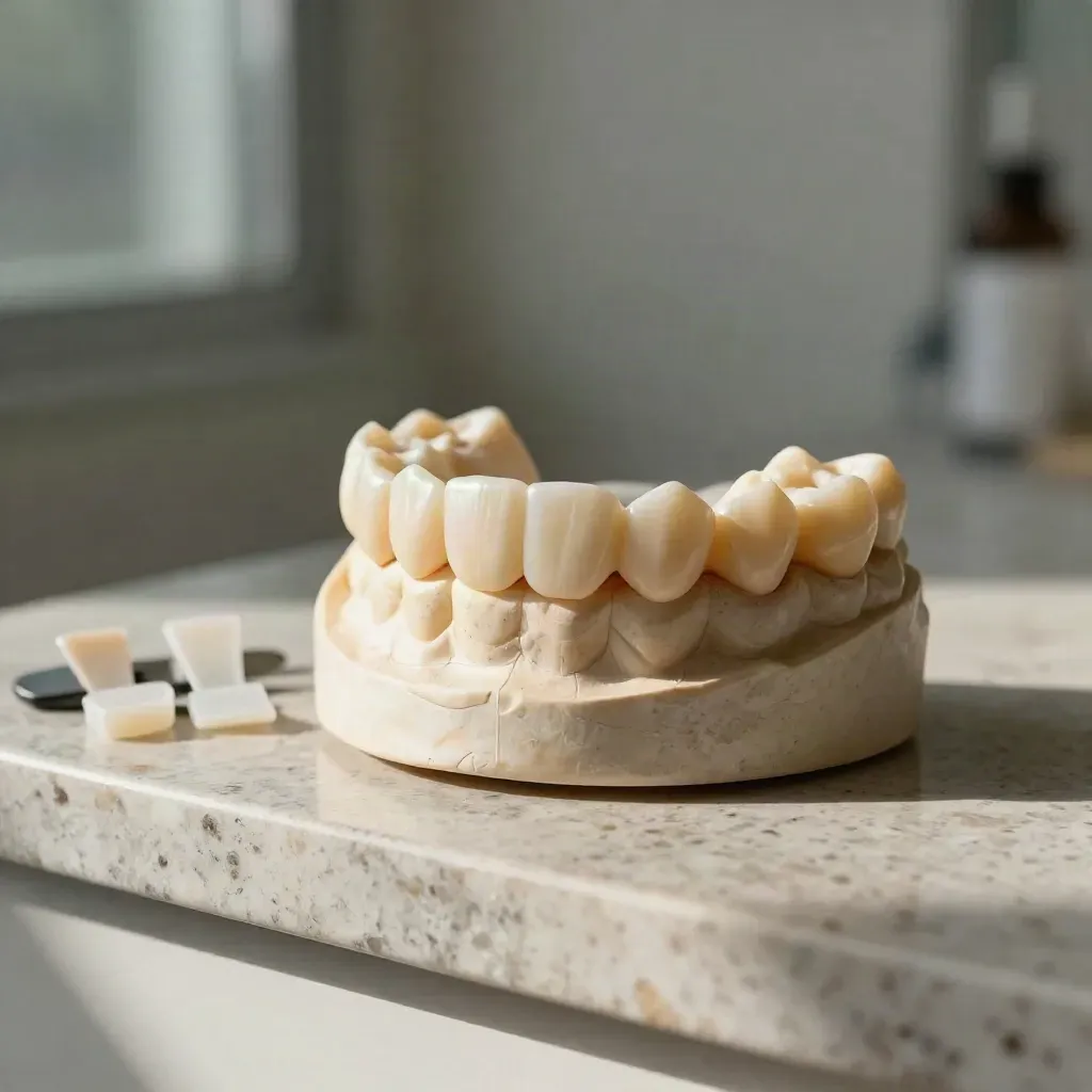 Dental cast with front crown and shade tabs on travertine in soft clinic light