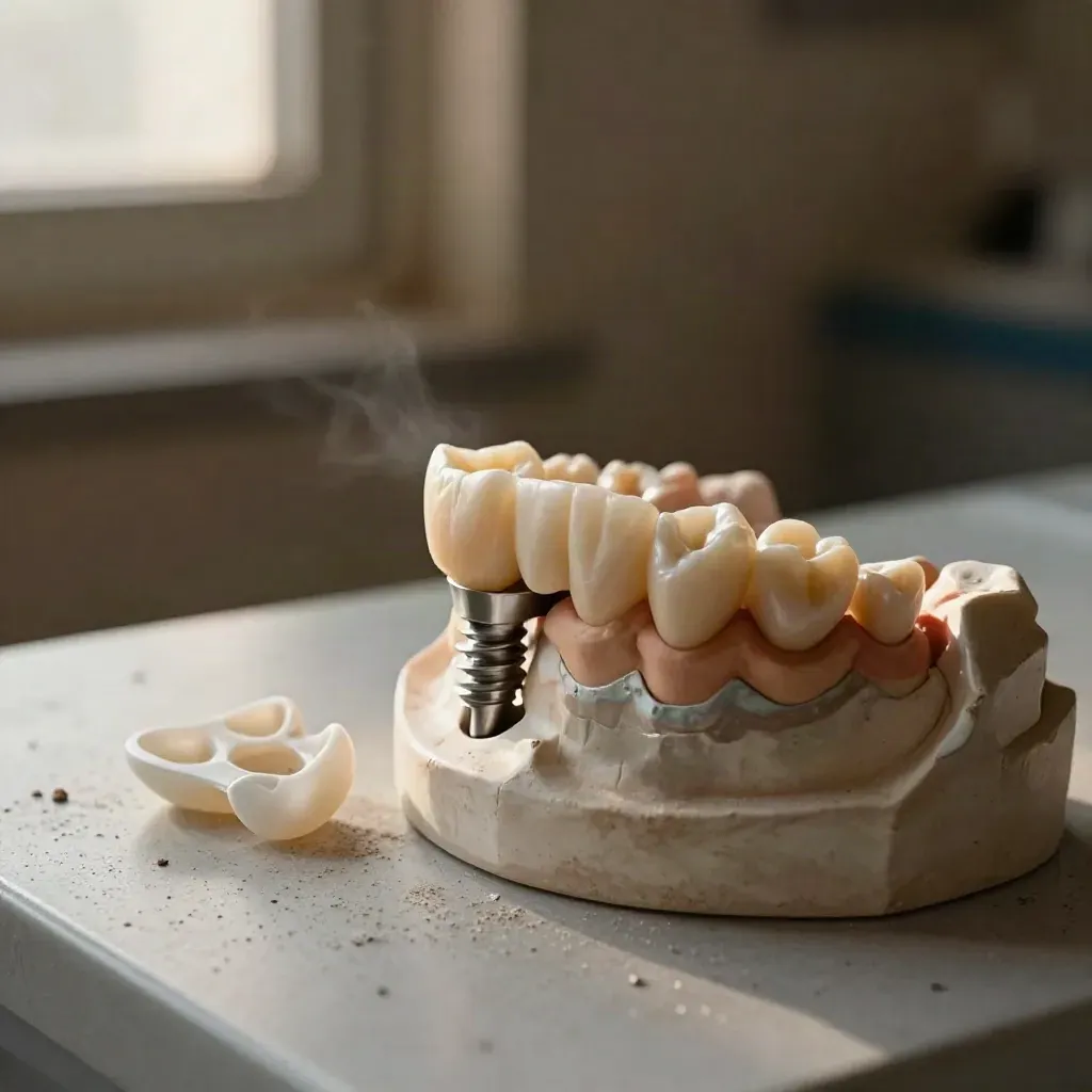Implant bridge on a stone dental model in warm window light with lab details.
