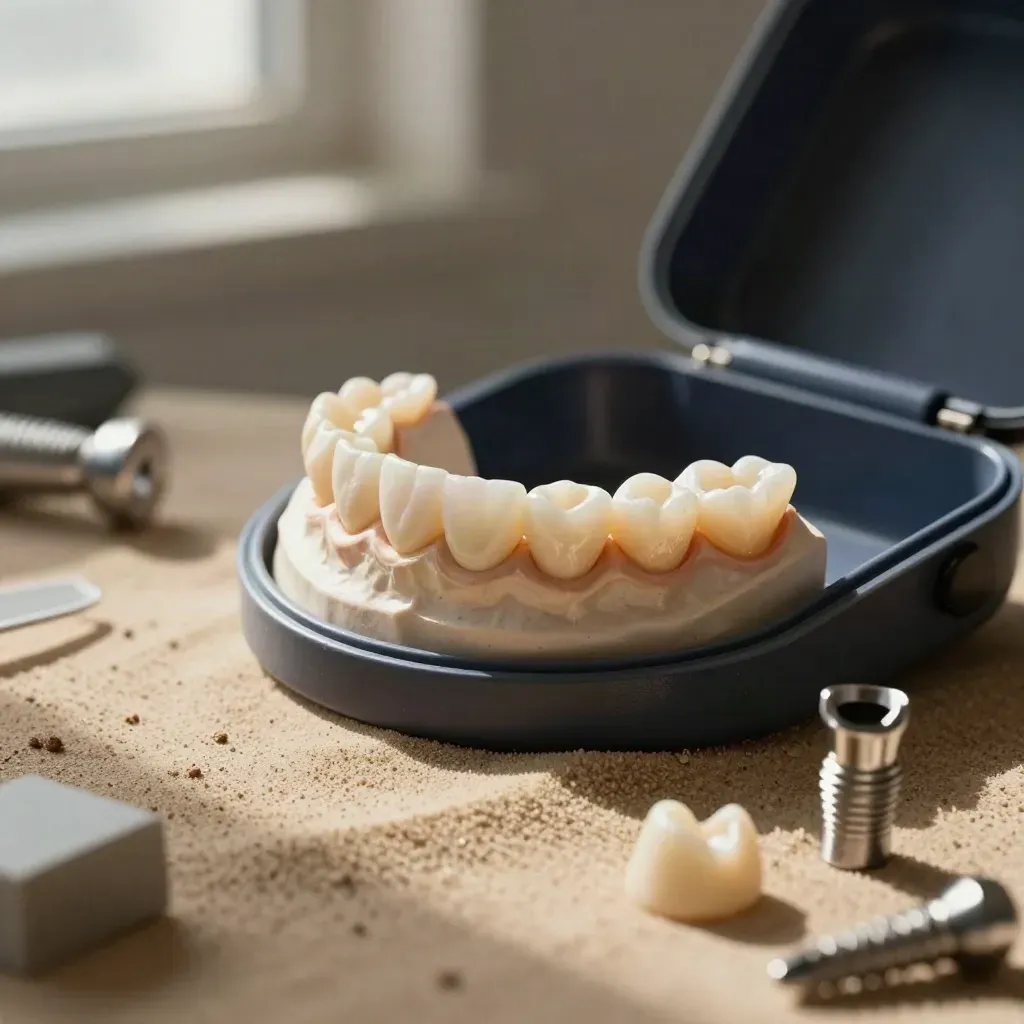 Full-arch zirconia dental model beside a half-open case on a lab bench in moody light.