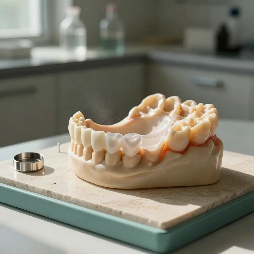 Lower-jaw graft model with collagen membrane and titanium pin case on a stone lab surface.