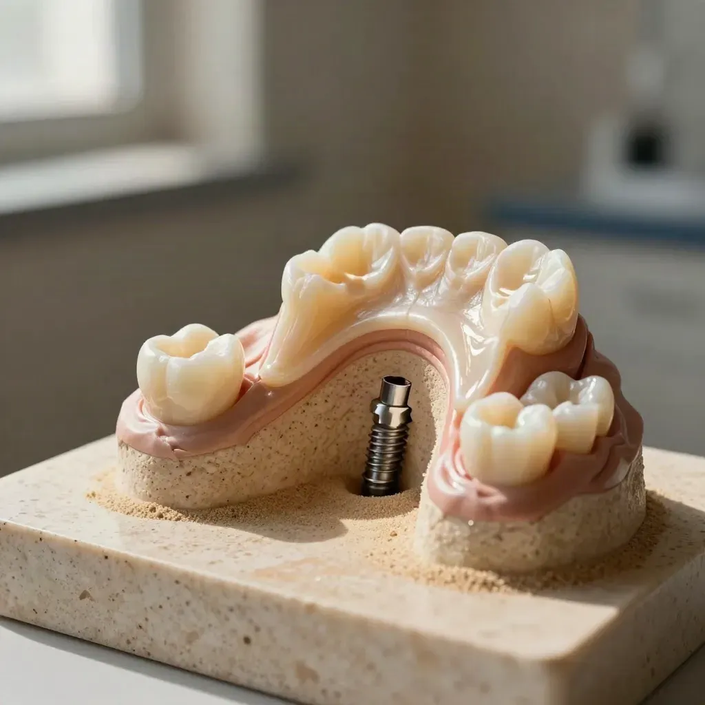 Dental implant model showing a lifted sinus, grafted bone, and crown-ready upper arch on travertine.